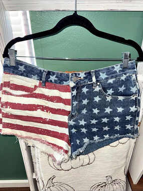 Bullhead Denim Co. American Flag High Rise Denim Shorts. American Flag High-Rise